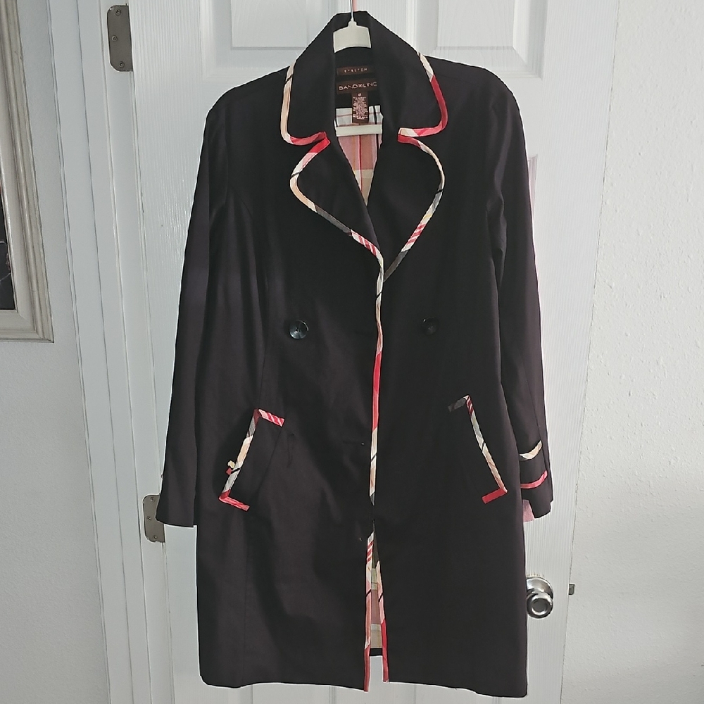 Bandolino Black Trench Coat with Red Trim - Picture 2 of 12